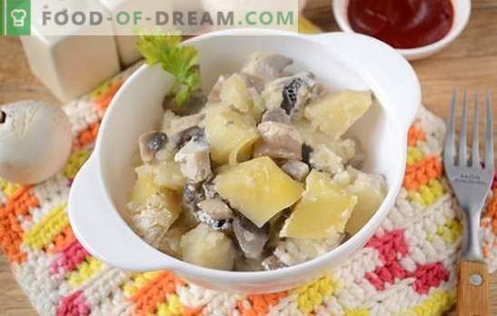 Batatas com cogumelos no forno com creme azedo - um prato aromático e nutritivo. Receita de foto passo a passo do autor de batatas assadas com cogumelos