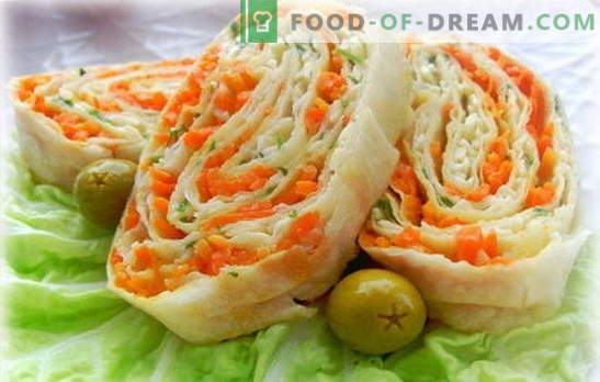 Lavash ritinys su Korėjos morkomis - paprastas, skanus, sveikas. Pita duonos ritinių su Korėjos morkomis variantai