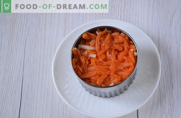 Prancūzijos salotos su morkomis: sluoksniuotos, gražios ir skanios. Autoriaus nuotrauka-receptas, gaminantis žingsnis po žingsnio kepimo salotos prancūzų kalba su morkomis, kiaušiniais, obuoliais ir riešutais