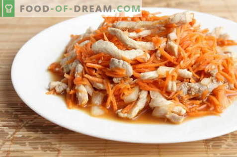 Korėjos salotos su vištiena - geriausi receptai. Kaip tinkamai ir skaniai paruošti salotą su vištiena ir Korėjos morkomis.