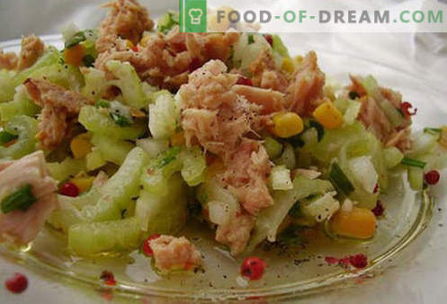 Konservuoti tunų salotos - patvirtinti receptai. Kaip gaminti konservuotų tunų salotus.