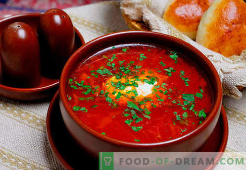 Borscht žalia, raudona, liesa, Ukrainos - geriausi receptai. Kaip tinkamai ir skaniai virti sriuba su pupelėmis, grybais, skrudintuvais lėtoje viryklėje.