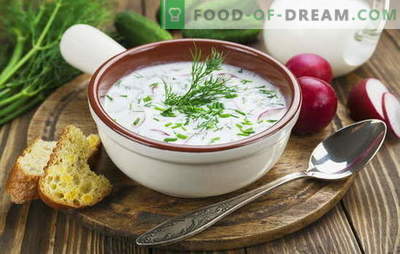 Okroshka, burokėlių sriuba ir kitos sriubos kefyro, daržovių ir mėsos. Italijos, ispanų ir rusų receptai kefyro sriuboms